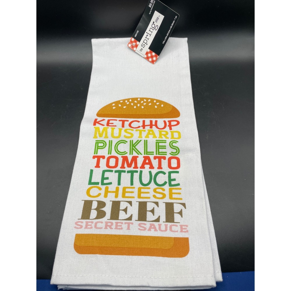 The Spring Shop Burger Ingredients Tea Towel White Cotton Kitchen BBQ 5661129